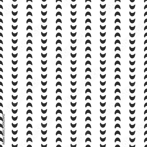 Lined up moon crescents. Black shapes on a white background. Seamless vector pattern. Abstract geometric background.