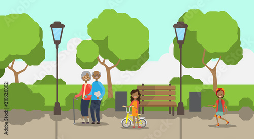 african grandparents grandchildren, full length avatar over city park wooden bench street lamp green lawn trees template background flat vector illustration
