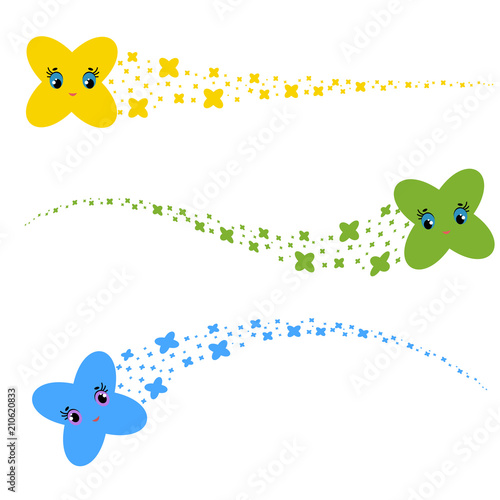 set of flat colored isolated stars of cartoons flying across the sky. Funny cute characters for decoration.