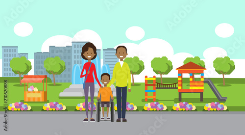 african father mother son wheelchair full length family avatar over city park children playground fountain green lawn trees cityscape template background flat vector illustration