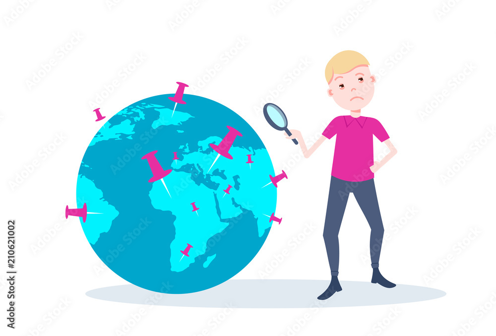 man character search at globe mark with magnifier male template for design work and animation on white background full length flat vector illustration man character search at globe mark with magnifier male template for design work and animation on white background full length flat vector illustration