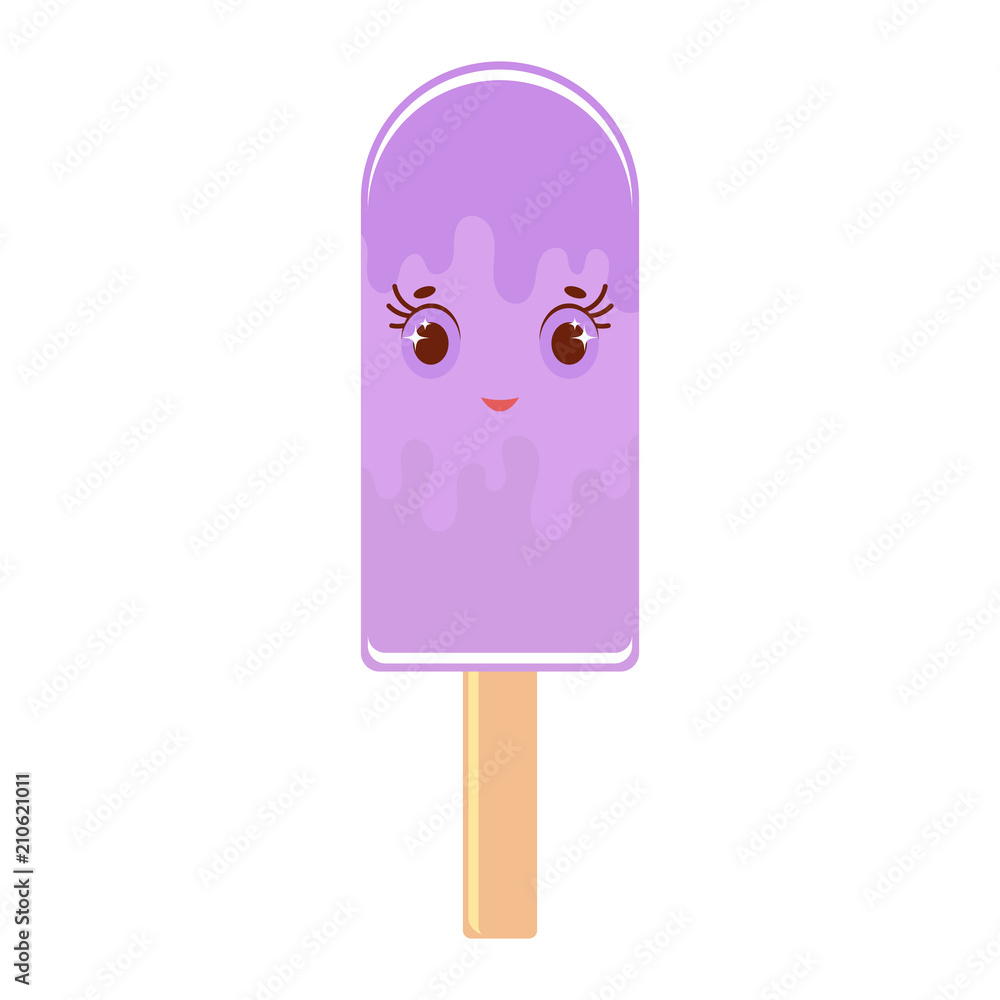 Flat color insulated cartoon Popsicle purple. On a wooden stick. On a white background. Flat color insulated cartoon Popsicle purple. On a wooden stick. On a white background.