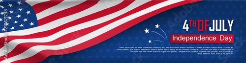 Fourth of July felicitation greeting card. Independence day celebration banner. USA country national event. Waving american flag on blue background. United States of America federal patriotic holiday