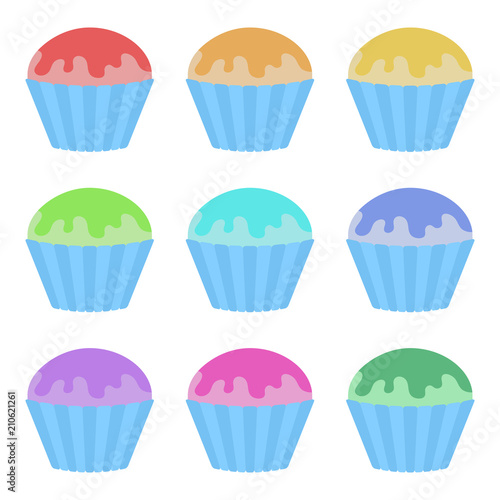 Set of flat colored isolated cakes drizzled with glaze. The striped baskets. Delicious color on a white background