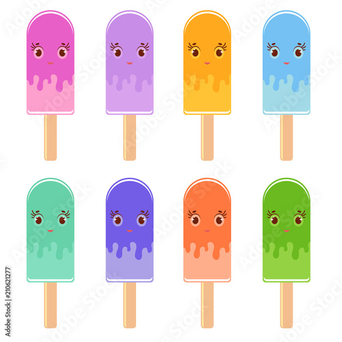 Set of flat colored isolated cartoon ice-cream, drizzled with glaze. On wooden sticks. Appetizing color. On a white background.