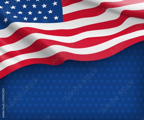 American striped flag on starry blue background. Independence and freedom, democracy and patriotism vector concept. USA country day celebration. Traditional patriotic card with waving american flag