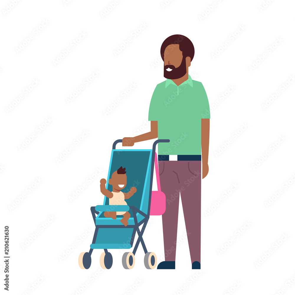 african father beard with baby son in stroller full length avatar on white background, successful family concept, flat cartoon vector illustration african father beard with baby son in stroller full length avatar on white background, successful family concept, flat cartoon vector illustration
