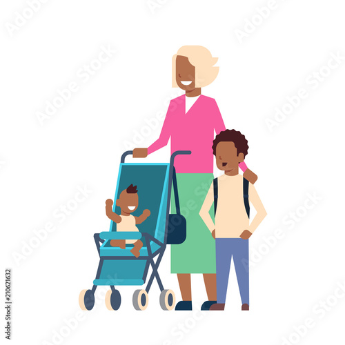 african grandmother with baby grandchildren in stroller, multi generation family, full length avatar on white background, successful family concept, tree of genus flat cartoon design vector © mast3r