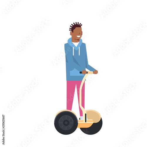 african boy riding gyroscooter over white background. gyroboard concept. cartoon full length character. flat style vector illustration