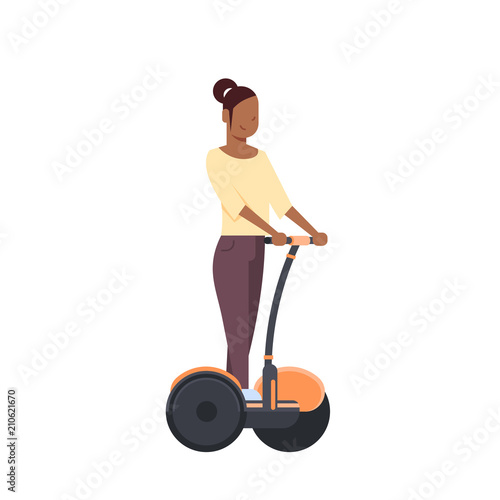 african woman riding gyroscooter over white background. gyroboard concept. cartoon full length character. flat style vector illustration