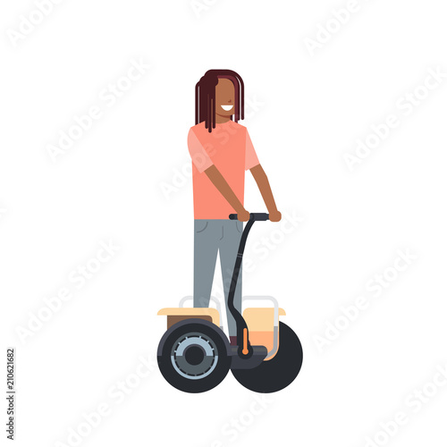 african boy riding gyroscooter over white background. gyroboard concept. cartoon full length character. flat style vector illustration