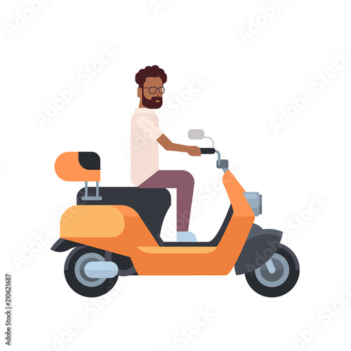 african man riding electric scooter over white background. motorcycle concept. cartoon full length character. flat style vector illustration