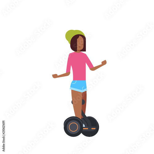 african girl riding gyroscooter over white background. gyroboard concept. cartoon full length character. flat style vector illustration