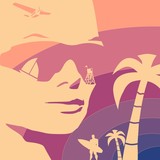 Summer vacation relative collage. Portrait of beautiful woman in sunglasses. Half turn view. Palms, surfer and sailboat icons.
