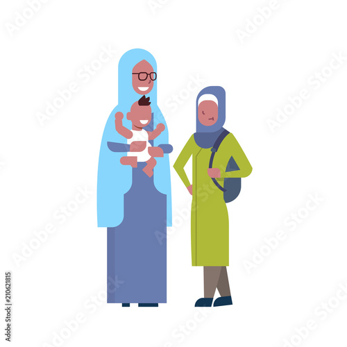 arabic grandmother with grandchildren, multi generation family, full length avatar on white background, successful family concept, tree of genus flat design vector illustration