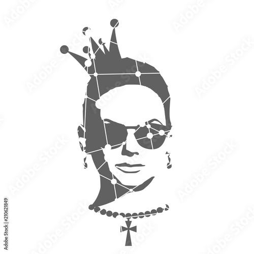 Portrait of beautiful woman in sunglasses and crown. Short hair. Front view. Necklace with cross. Silhouette textured by lines and dots pattern