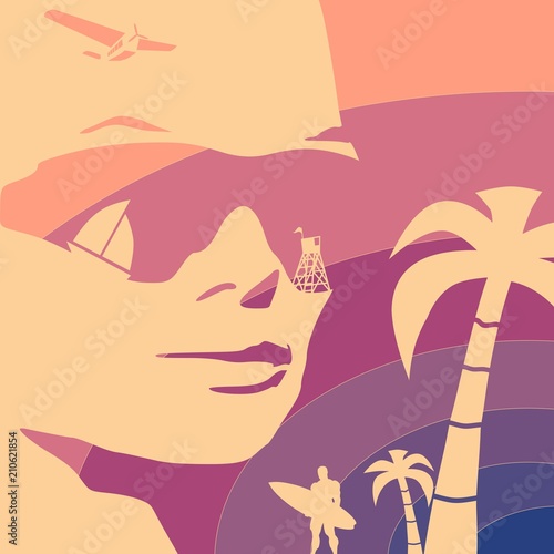 Summer vacation relative collage. Portrait of beautiful woman in sunglasses. Half turn view. Palms, surfer and sailboat icons.