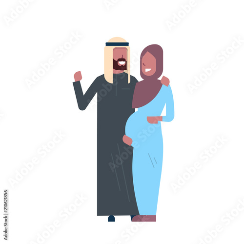 arab pregnant smiling wife happy husband full length avatar on white background, successful family concept, flat cartoon vector illustration