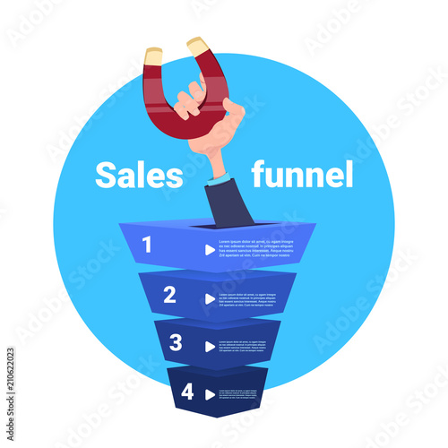 hand hold magnet sales funnel pulling. purchase diagram concept over blue background flat design vector illustration