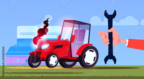hand hold spanner over tractor plowing field eco farming concept flat vector illustration