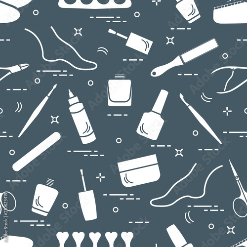 Pattern of manicure and pedicure tools and products for beauty and care.