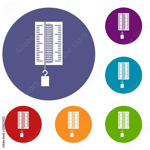 Physics dynamometer for laboratory work icons set in flat circle red, blue and green color for web