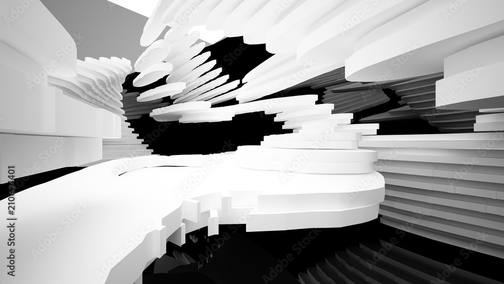 Naklejka premium Abstract white and black interior multilevel public space with window. 3D illustration and rendering.