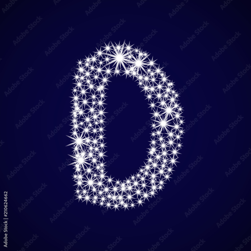 Letter of the alphabet D. Vector illustration. Shiny stars on blue background.