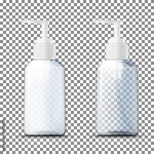 Vector 3d realistic transparent white plastic bottles with pump cap on plaid background. Mock-up for product package branding.