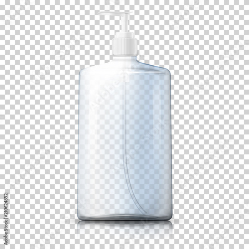 Vector 3d realistic transparent plastic bottle with pump cap on plaid background. Mock-up for product package branding.
