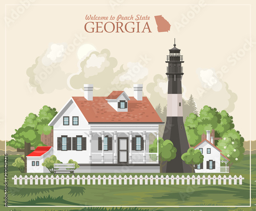 Georgia USA postcard. Peach state vector poster. Travel background in flat style.