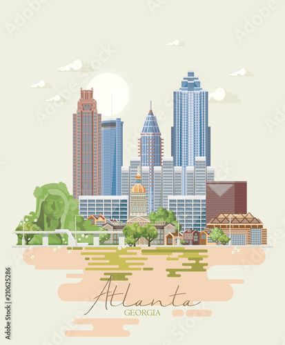 Georgia USA postcard. Peach state vector poster. Travel background in flat style.