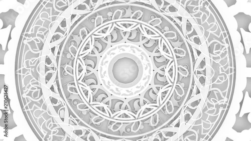Decorative design elements rotating like old vintage clock mechanism. Patterns with geometric ornament. Circular ornamental symbol. Arabic and Indian motifs. Close up of a abstract mechanism.