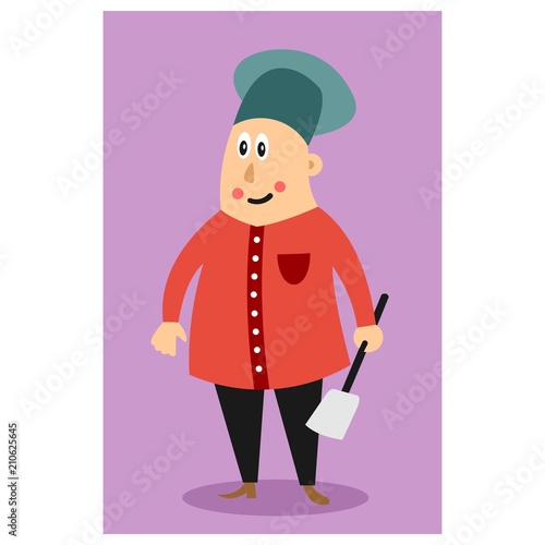 funny chubby chef holding spatula cartoon character