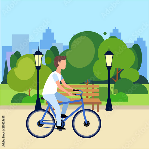 riding bicycle public urban park man cycling wooden bench street lamp green lawn trees on city buildings template background flat vector illustration