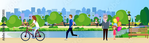 public park people relax wooden bench outdoors walking cycling running river green lawn trees on city buildings template background flat banner vector illustration