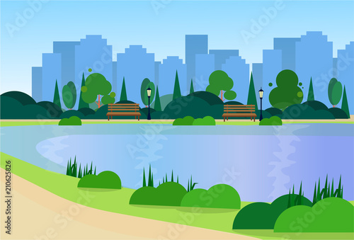 city park wooden bench street lamp river green lawn trees on city buildings template background flat vector illustration