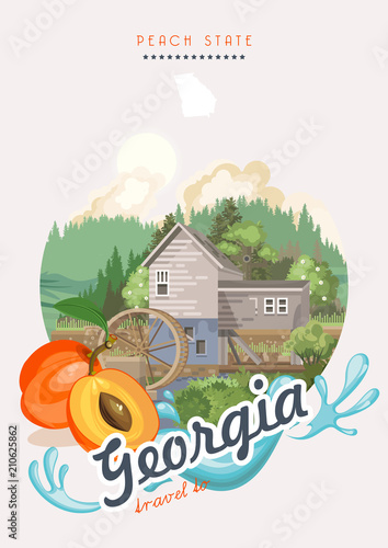 Georgia USA postcard. Peach state vector poster. Travel background in flat style.
