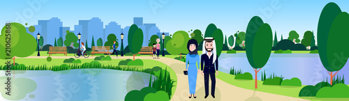 public park couple arabic man woman relax wooden bench outdoors river green lawn trees on city buildings template background flat banner vector illustration