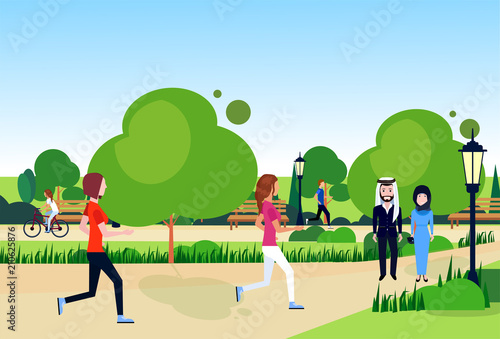 city park mix race arab couple walking relax wooden bench street lamp green lawn trees template background flat vector illustration