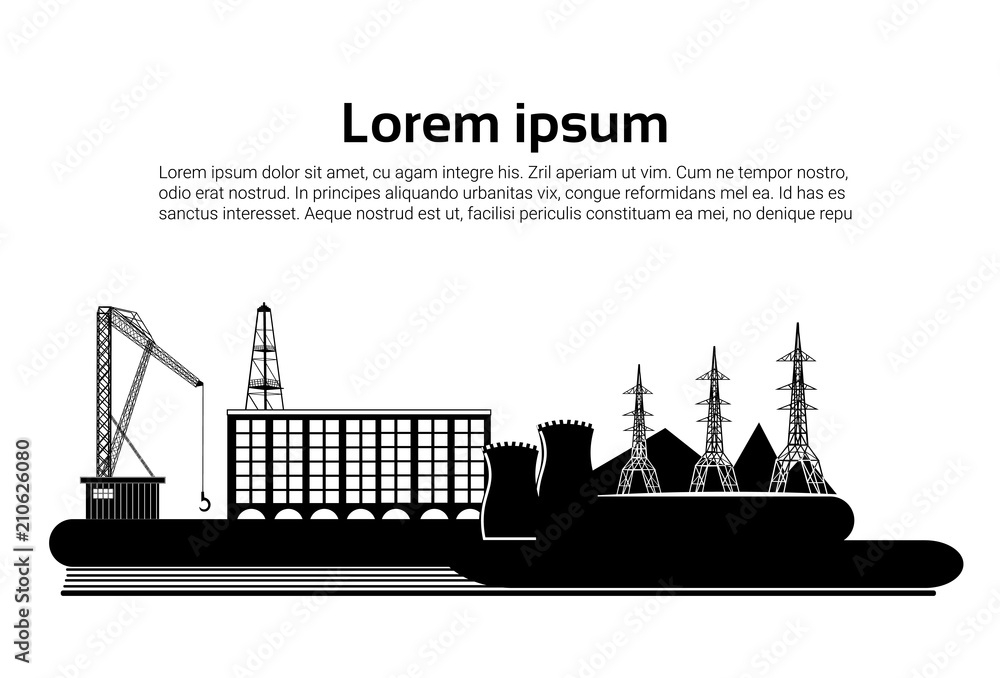 Factory building nature pollution plant pipe waste. silhouette of an oil drilling rig on white background. banner. flat copy space vector illustration