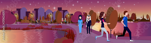 city night park mix race arab couple walking relax river lawn trees template background flat banner vector illustration