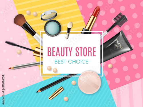 Makeup template beauty store with collection of realistic beauty decorative cosmetics and makeup tools beauty. Powder, concealer, eye shadow brush, blush, foundation, lipstick, eyeshadow.