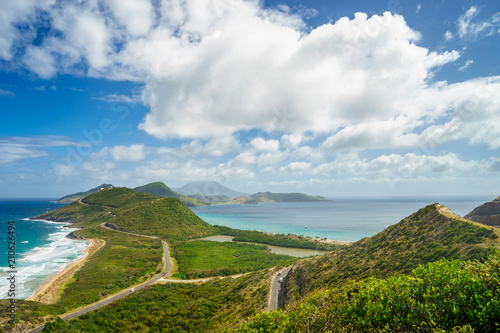 Landscape view of the Caribbean Sea and Atlantic Ocean looking south of St Kitts island from the top of Timothy Hill photo