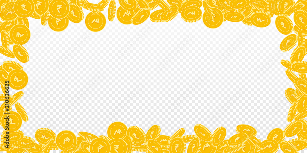 Indian rupee coins falling. Scattered bi INR coins on transparent background. Artistic wide scattered frame vector illustration. Jackpot or success concept. Indian rupee coins falling. Scattered bi INR coins on transparent background. Artistic wide scattered frame vector illustration. Jackpot or success concept.