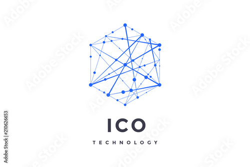 Logo for blockchain technology. Hexagon with connected lines for logo, brand, label, emblem, branding of smart contract block symbol. Design for decentralized transactions. Vector Illustration