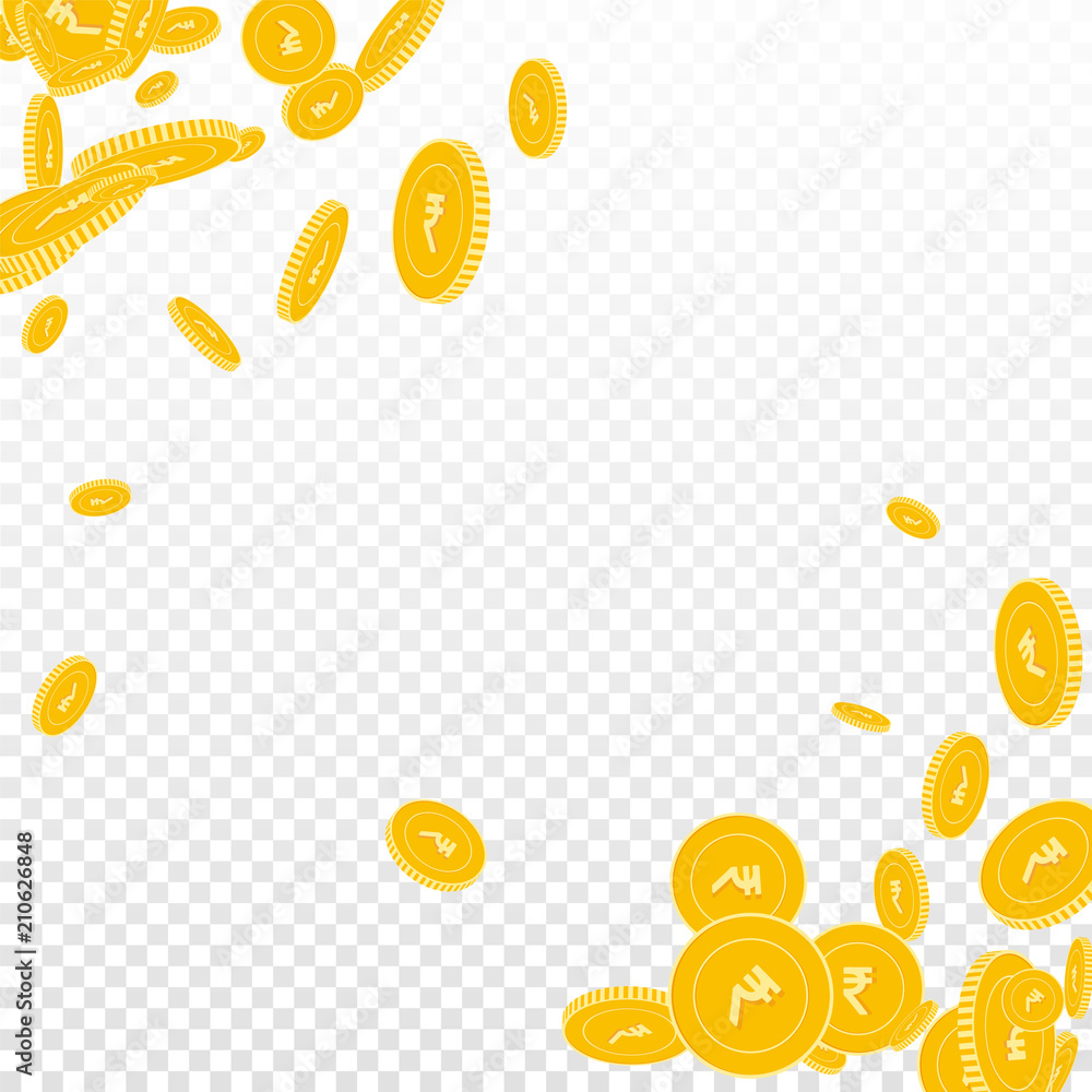 Indian rupee coins falling. Scattered floating INR coins on transparent background. Immaculate scatter abstract corners vector illustration. Jackpot or success concept. Indian rupee coins falling. Scattered floating INR coins on transparent background. Immaculate scatter abstract corners vector illustration. Jackpot or success concept.