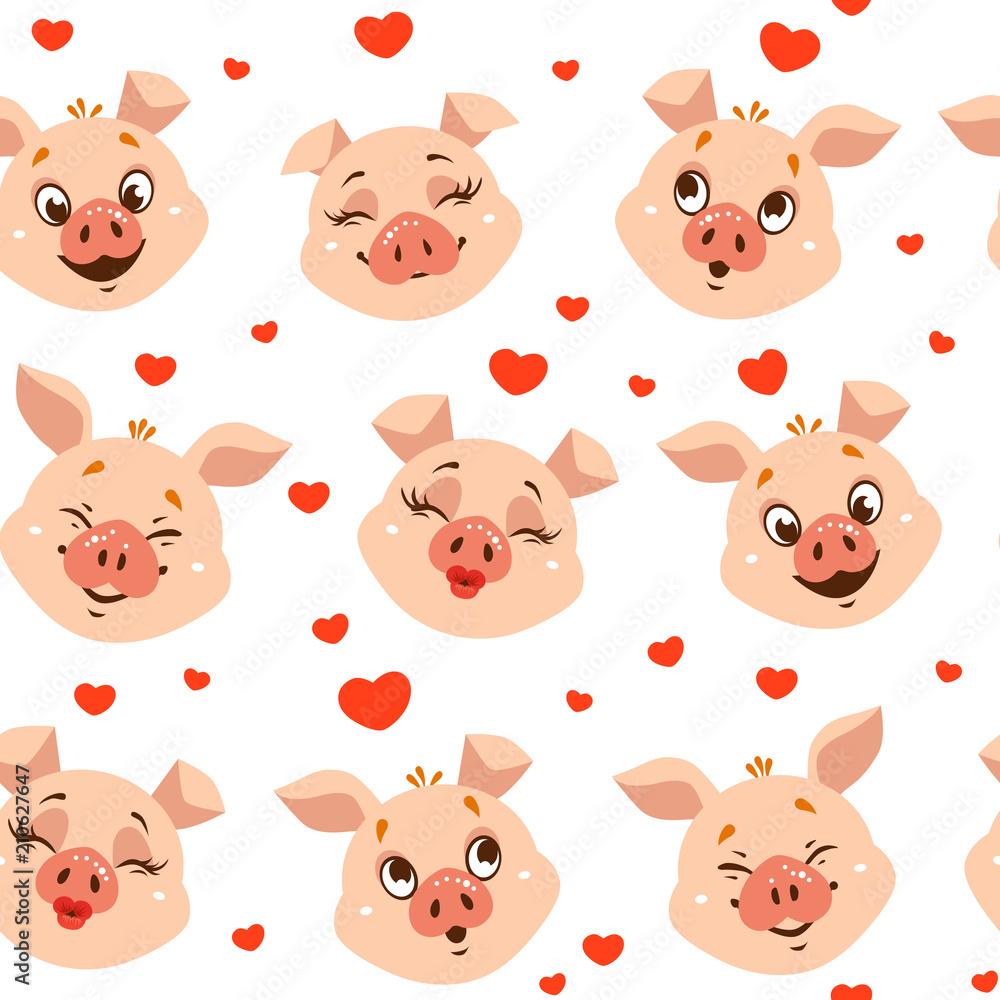 Fototapeta premium Seamless pattern with love pigs, hearts, kisses.
