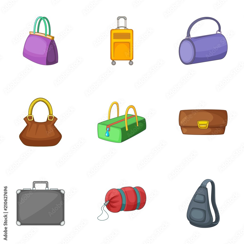 Bags and suitcases icons set. Cartoon set of 9 bags and suitcases vector icons for web isolated on white background Bags and suitcases icons set. Cartoon set of 9 bags and suitcases vector icons for web isolated on white background