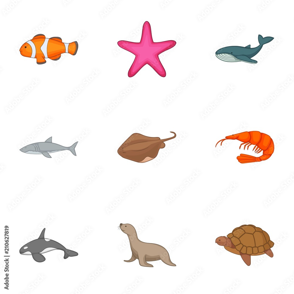 Underwater animals icons set. Cartoon set of 9 underwater animals vector icons for web isolated on white background Underwater animals icons set. Cartoon set of 9 underwater animals vector icons for web isolated on white background